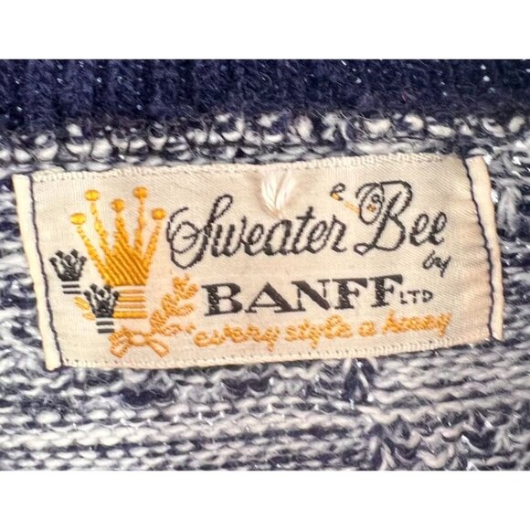 VTG Sweater Bee By Banff Ltd NVY WHT Knit Cape Fringe Hem Button Close RARE EUVC - Picture 4 of 11